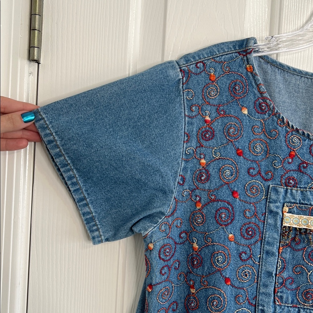 Vintage 90s denim maxi dress beads embroidery art teacher Phoebe Buffay Medium - Picture 3 of 7